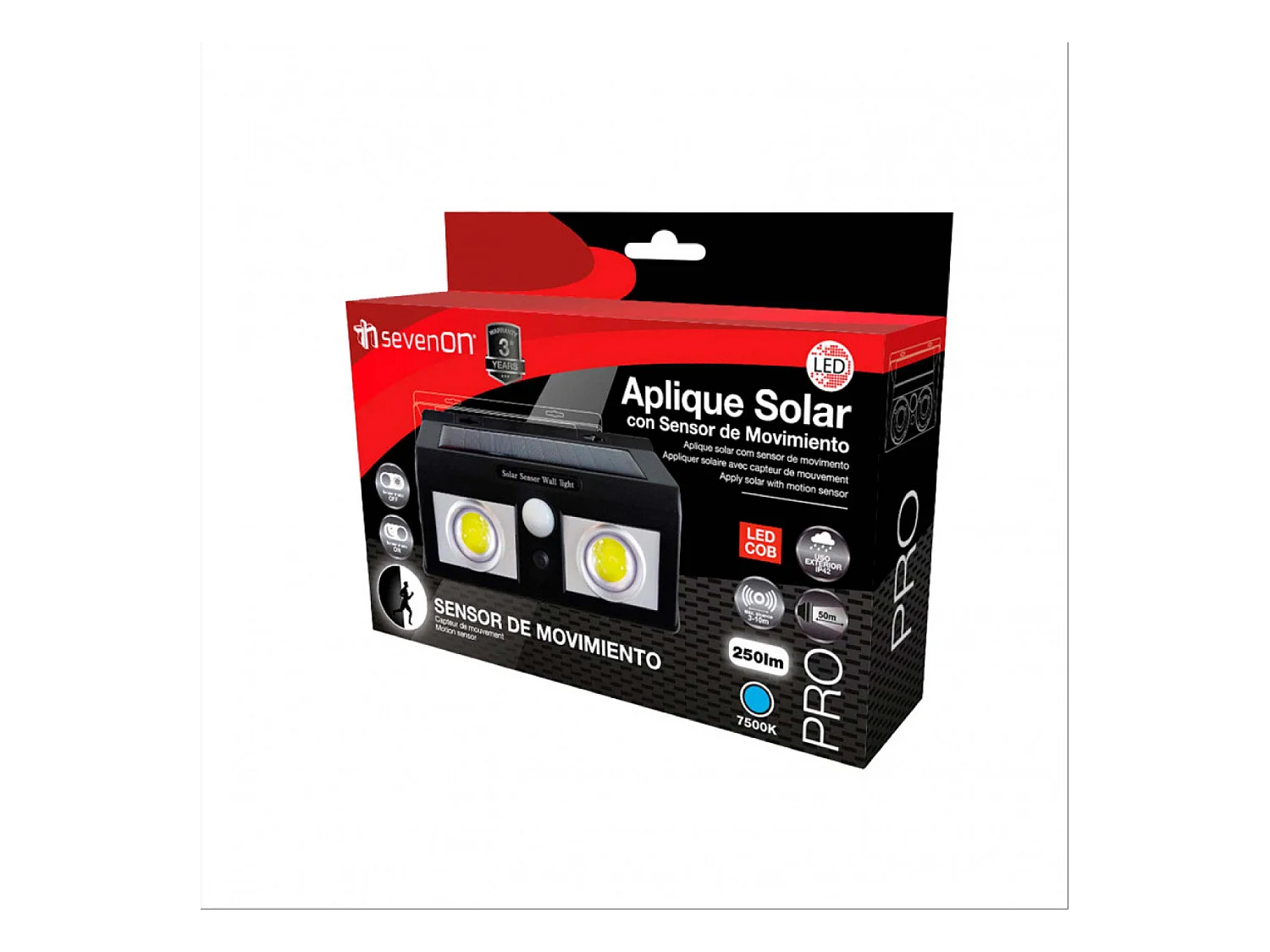 Applique solaire LED 2 lumières avec détecteur de crépuscularité et de mouvement Noir 7500K 20000H 7hSevenOn