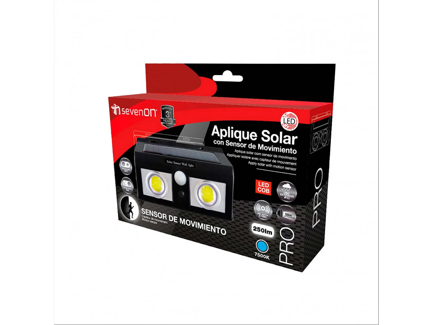 Applique solaire LED 2 lumières avec détecteur de crépuscularité et de mouvement Noir 7500K 20000H 7hSevenOn