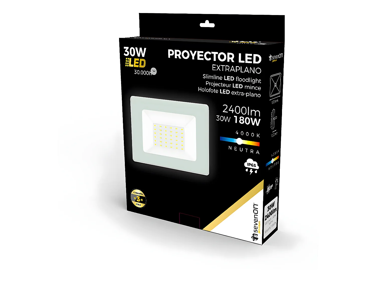 Proyector LED 30W Ultraslim de Exterior IP65 Orientable Blanco 4000K 30000H 7hSevenOn