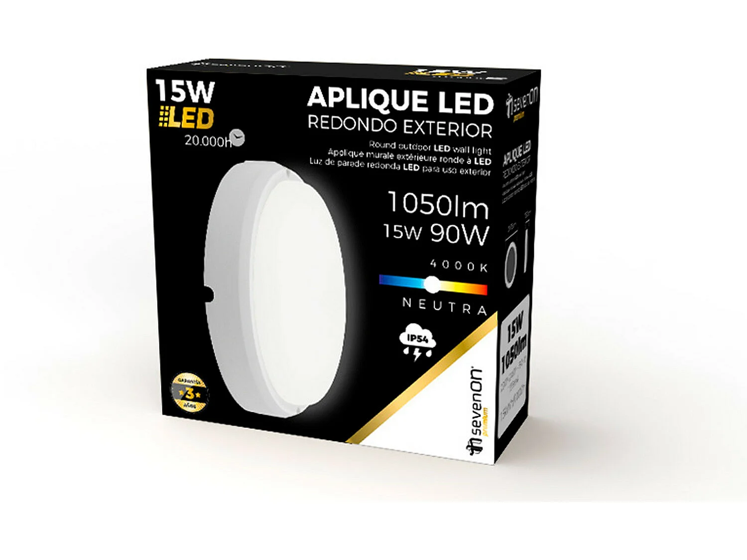 Aplique LED de Exterior Redondo 15W 1500lm Blanco 4000K 20000H 7hSevenOn Premium