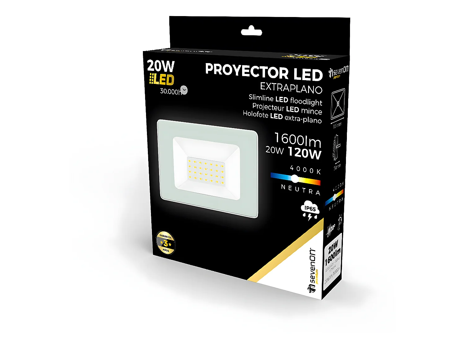 Proyector LED 20W Ultraslim de Exterior IP65 Orientable Blanco 4000K 30000H 7hSevenOn