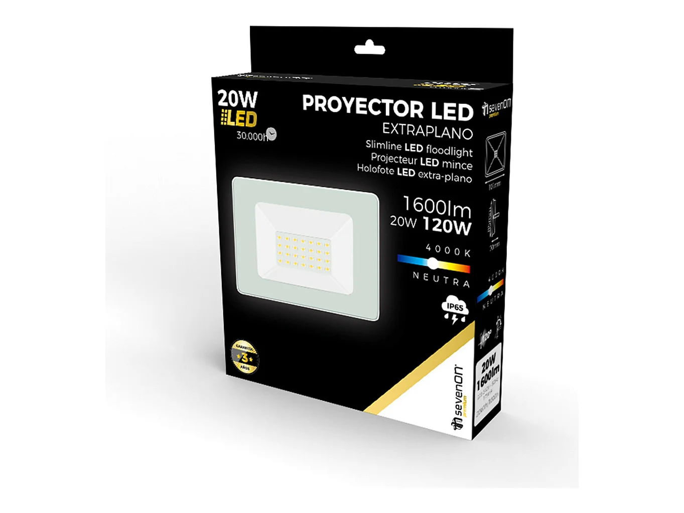 Proyector LED 20W Ultraslim de Exterior IP65 Orientable Blanco 4000K 30000H 7hSevenOn