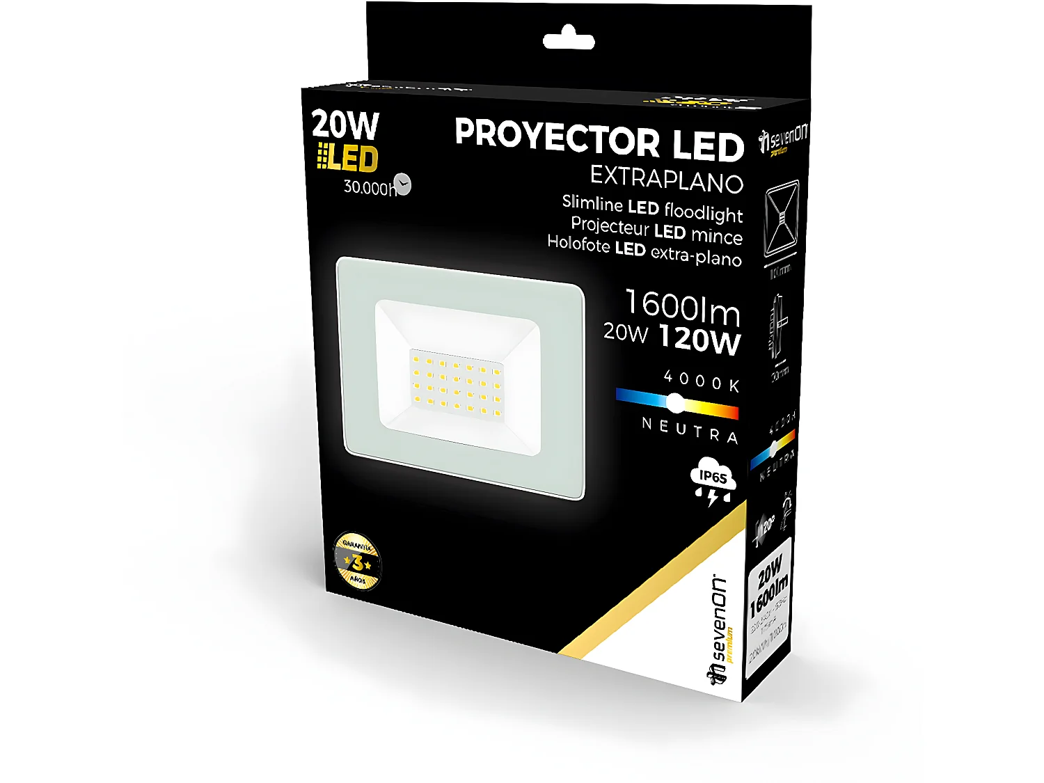 Proyector LED 20W Ultraslim de Exterior IP65 Orientable Blanco 4000K 30000H 7hSevenOn