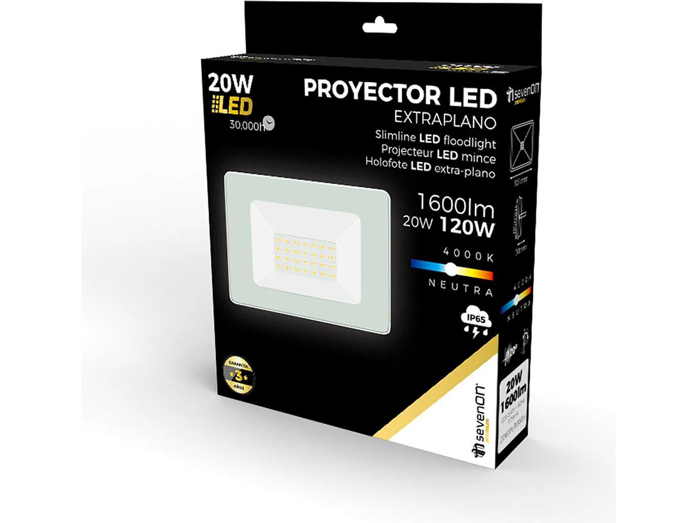 Proyector LED 20W Ultraslim de Exterior IP65 Orientable Blanco 4000K 30000H 7hSevenOn