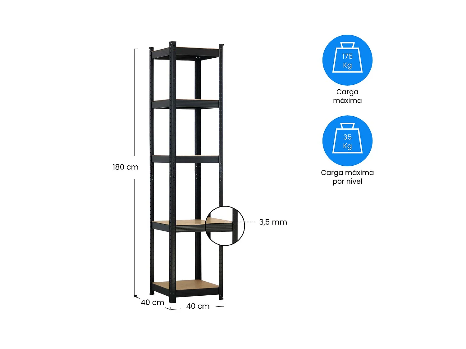 Rayonnage modulaire avec 5 étagères réglables 180x40x40cm 175Kg O91
