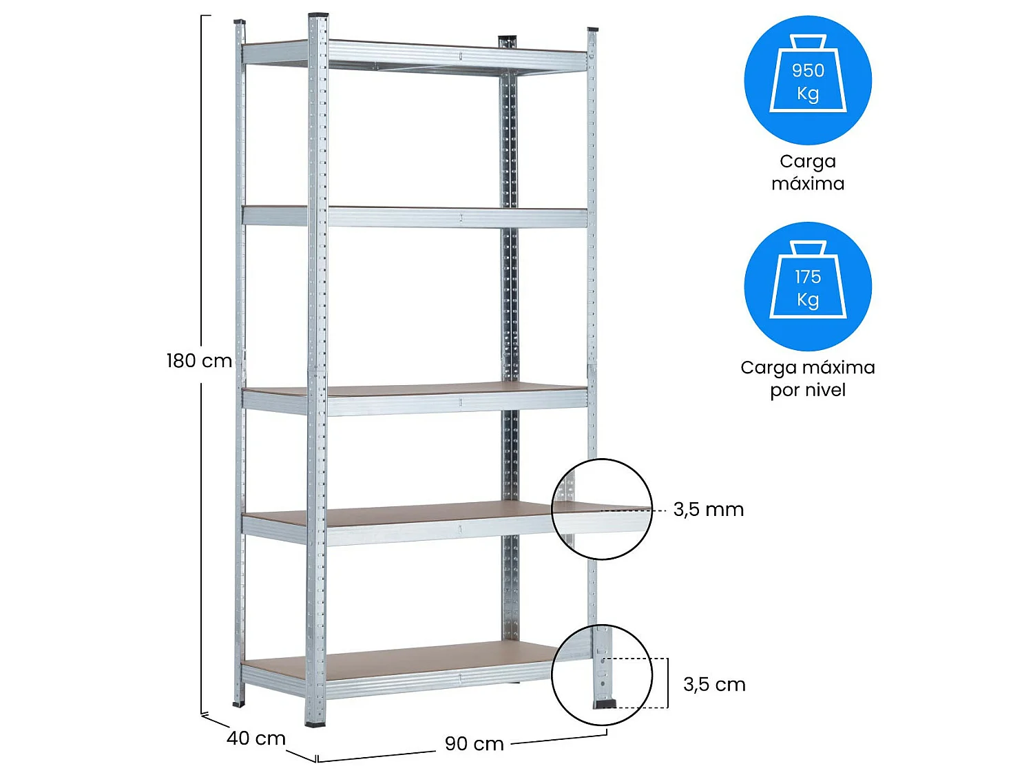 Pack 2 Estanterías Modulares con 5 Baldas Ajustables 180x90x40cm 875Kg O91