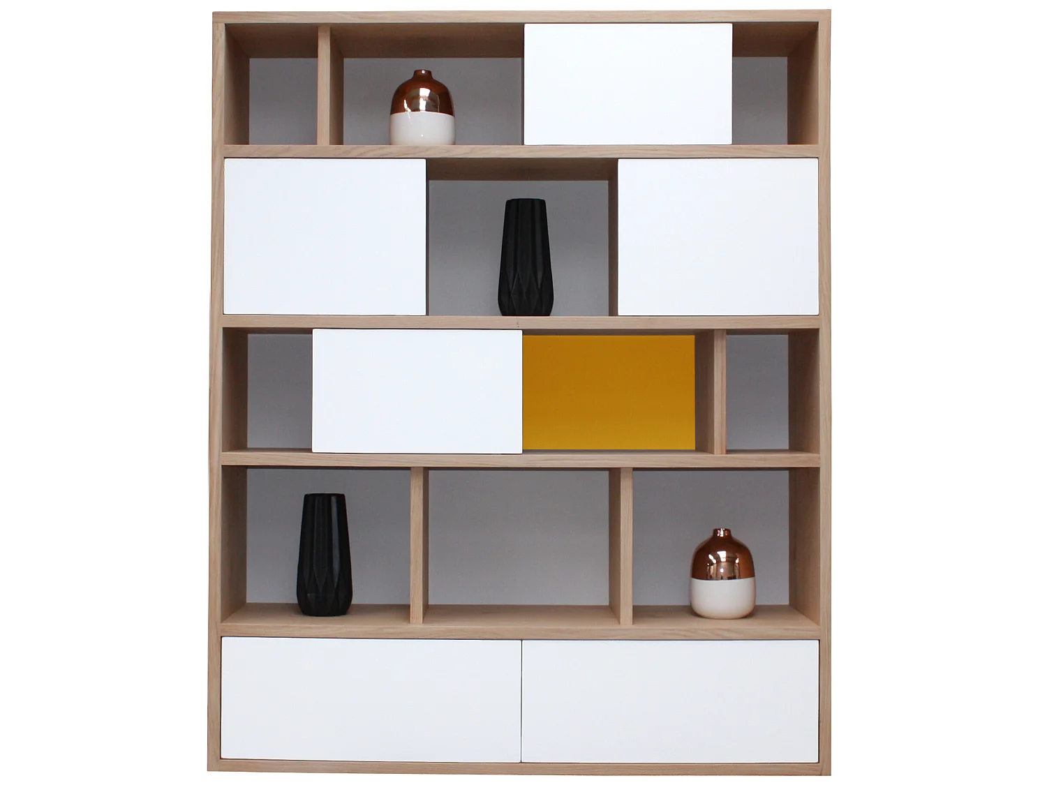 Bibliothèque chêne massif et laqué, 2 tiroirs, 4 portes - 140L x 38P