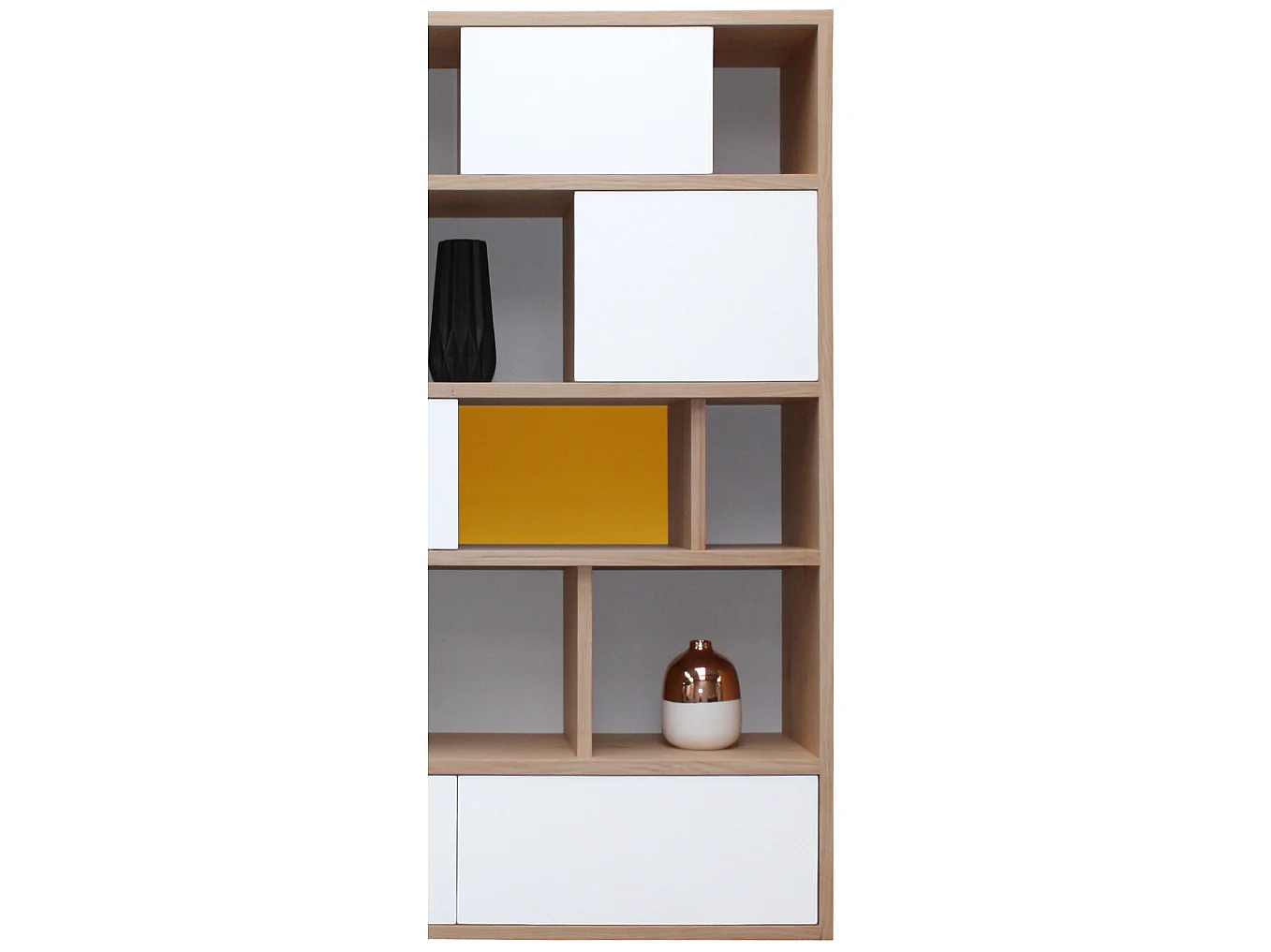 Bibliothèque chêne massif et laqué, 2 tiroirs, 4 portes - 140L x 38P