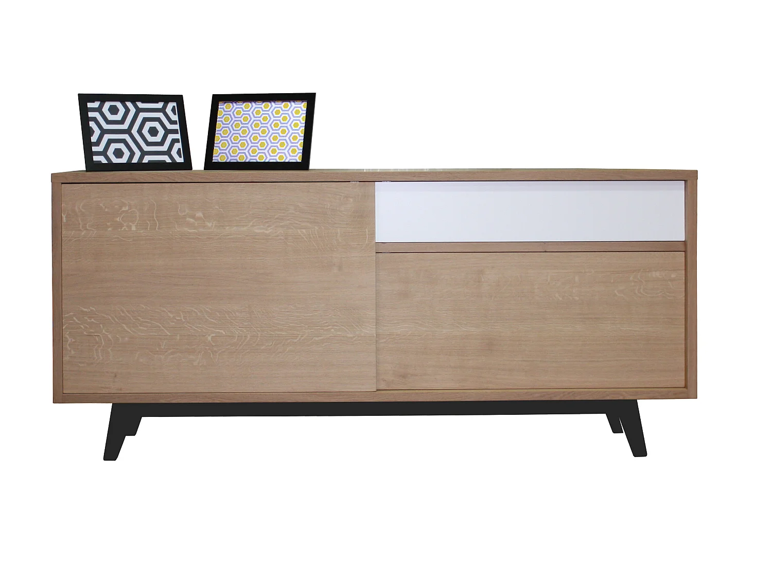 Buffet chêne blanchi massif et laqué, 3 coulissants - 185L x 48P