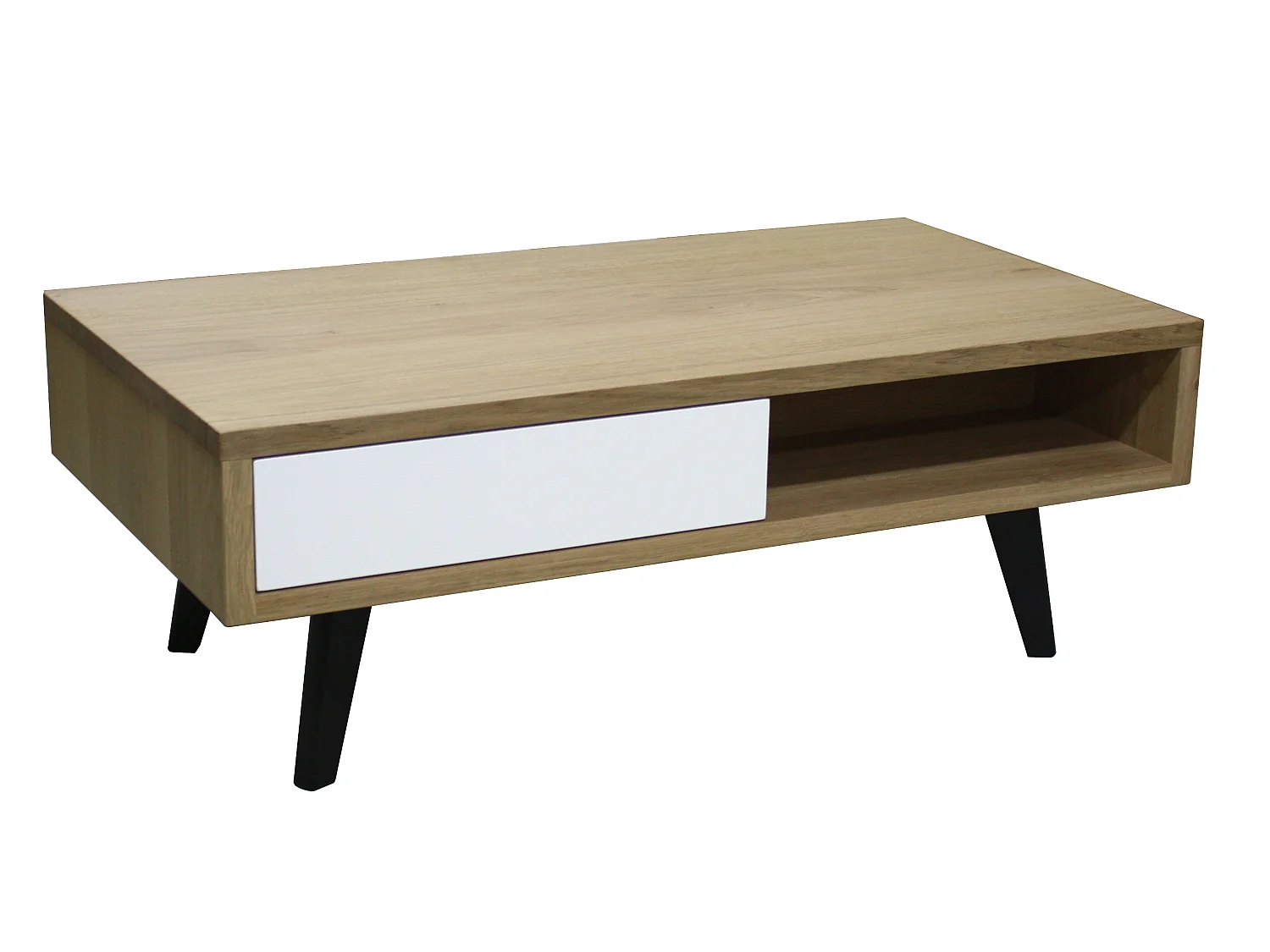 Table basse chêne blanchi massif et laqué, 2 tiroirs - 100L x 60P