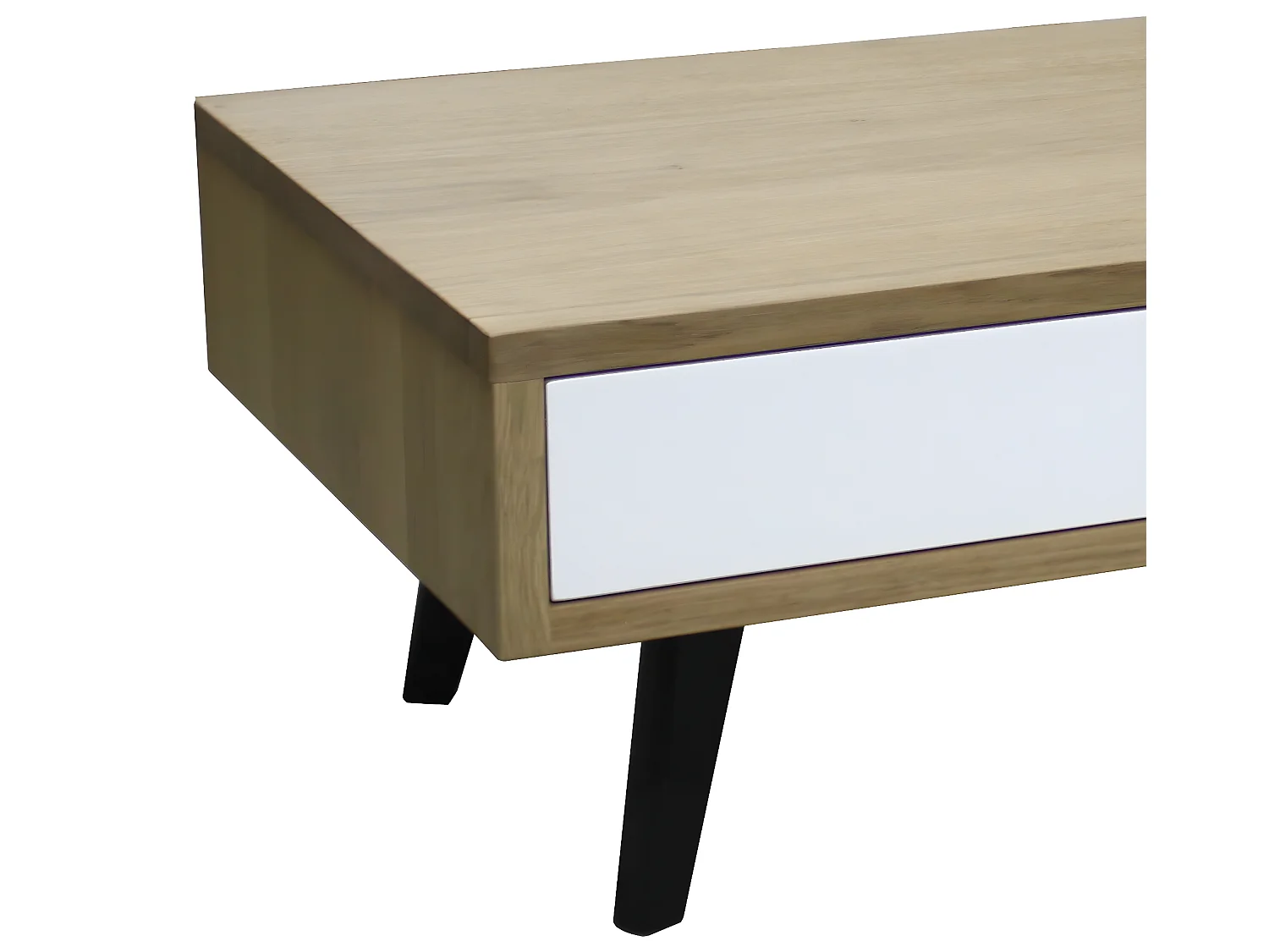 Table basse chêne blanchi massif et laqué, 2 tiroirs - 100L x 60P