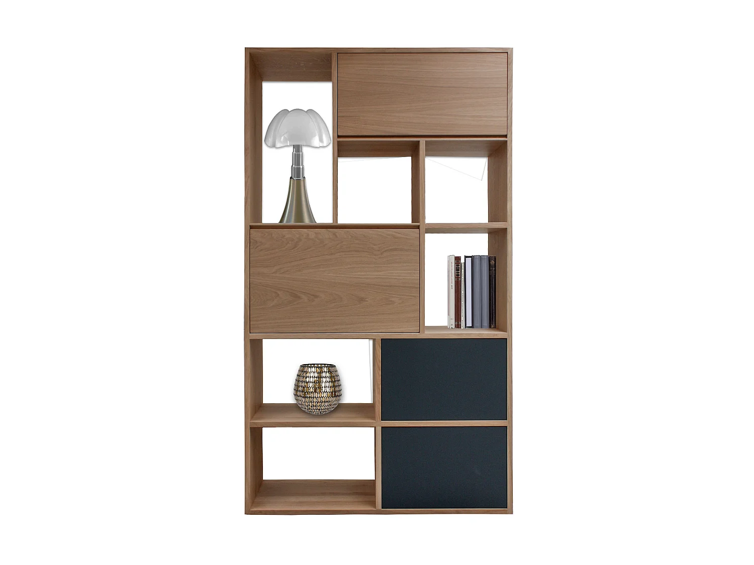 Composition secrétaire chêne naturel massif et laqué, 2 tiroirs, 1 abattant, 1 relevant - 108L x 38P