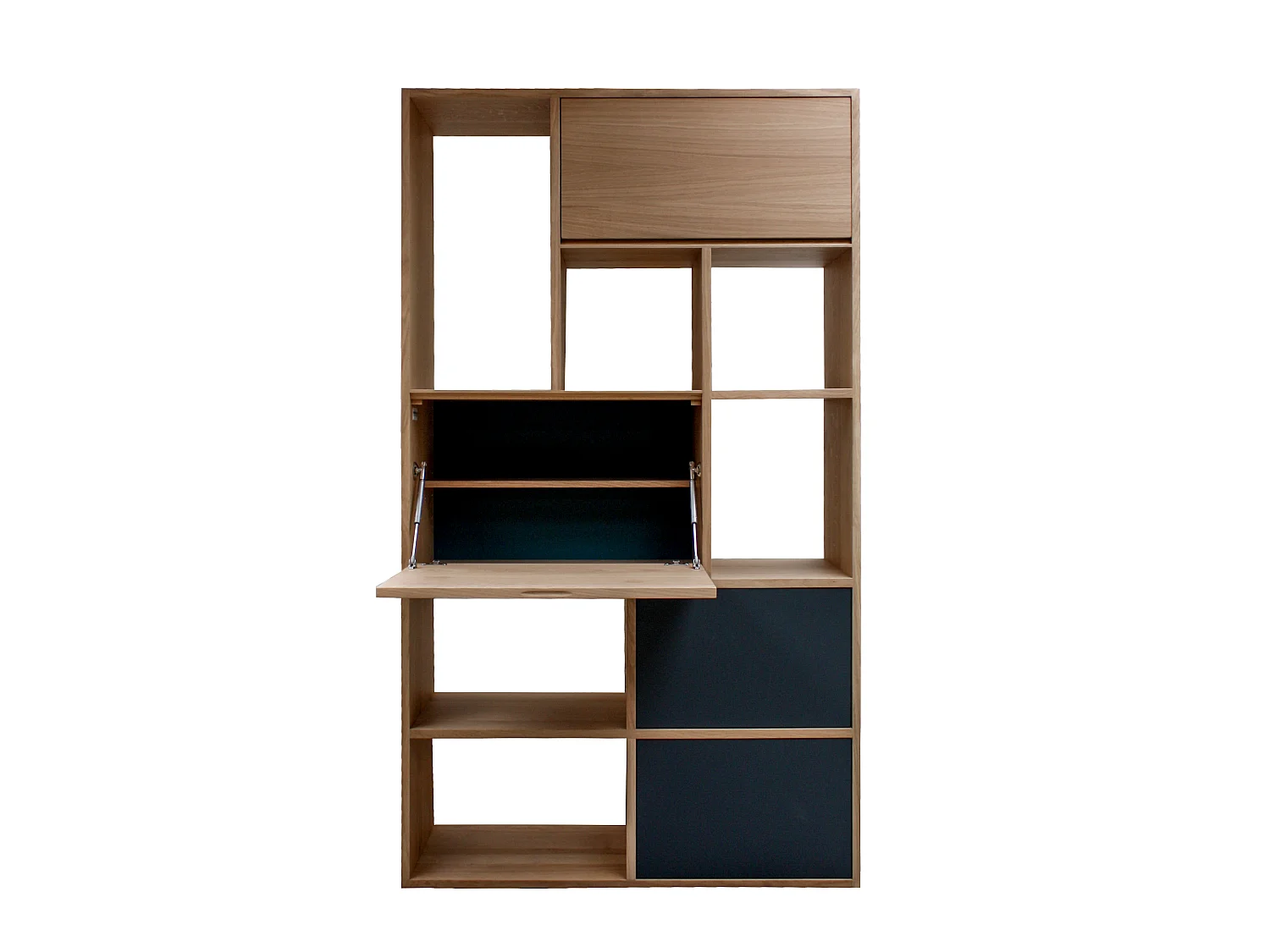 Composition secrétaire chêne naturel massif et laqué, 2 tiroirs, 1 abattant, 1 relevant - 108L x 38P