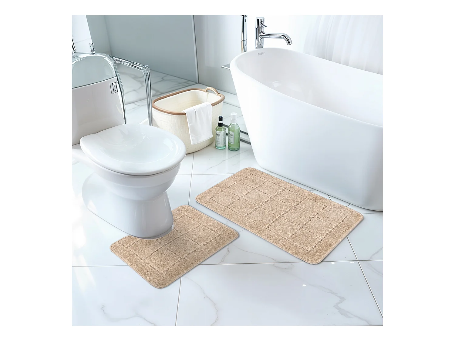 SURYA Badmat Set WC Mat - Badkamer, Douchemat, Toiletmat - Machinewasbar Antislip Hoogpolig Badkleed NOELLE - Beige - 80x50cm/50x40cm - NOELLE