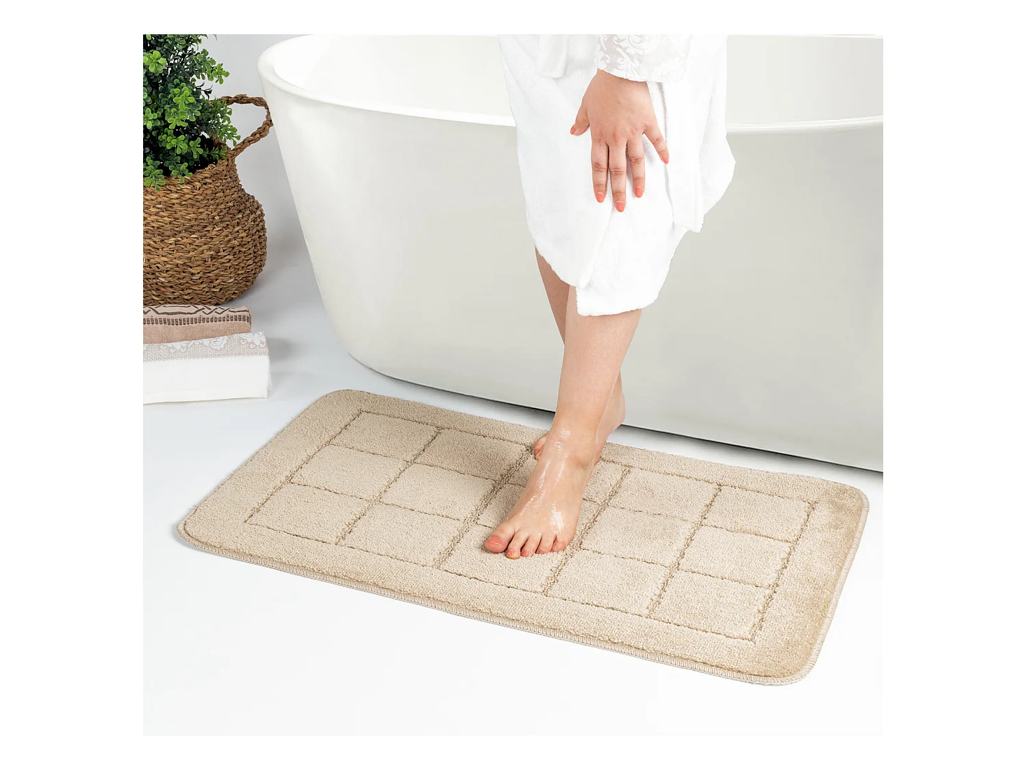 SURYA Badmat Set WC Mat - Badkamer, Douchemat, Toiletmat - Machinewasbar Antislip Hoogpolig Badkleed NOELLE - Beige - 80x50cm/50x40cm - NOELLE