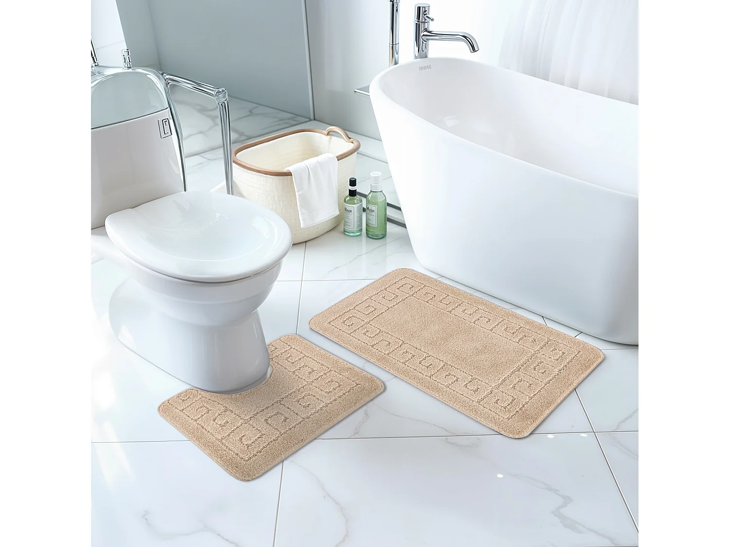 Set 2 Tappeto da Bagno Antiscivolo Lavabile - Beige - 80x50/40x40cm - POPPY