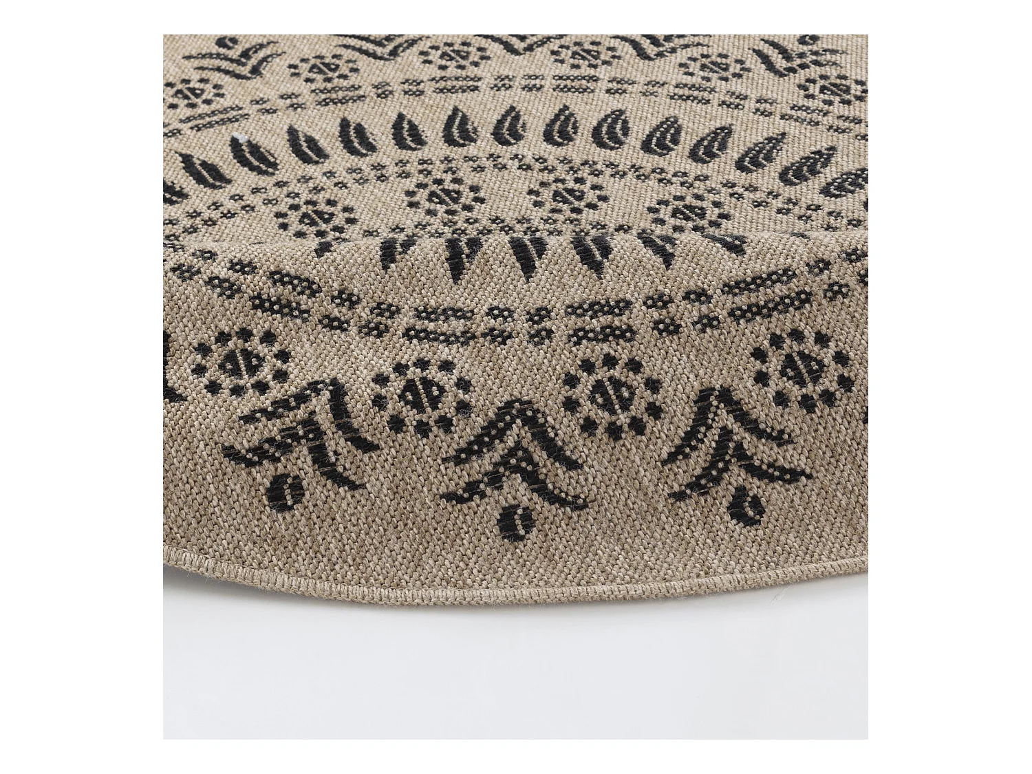 Buitenkleed - Balkon, Terras, Keuken, Rond Jute-Look Tapijt - Beige/Zwart - Ø 100cm - VERA