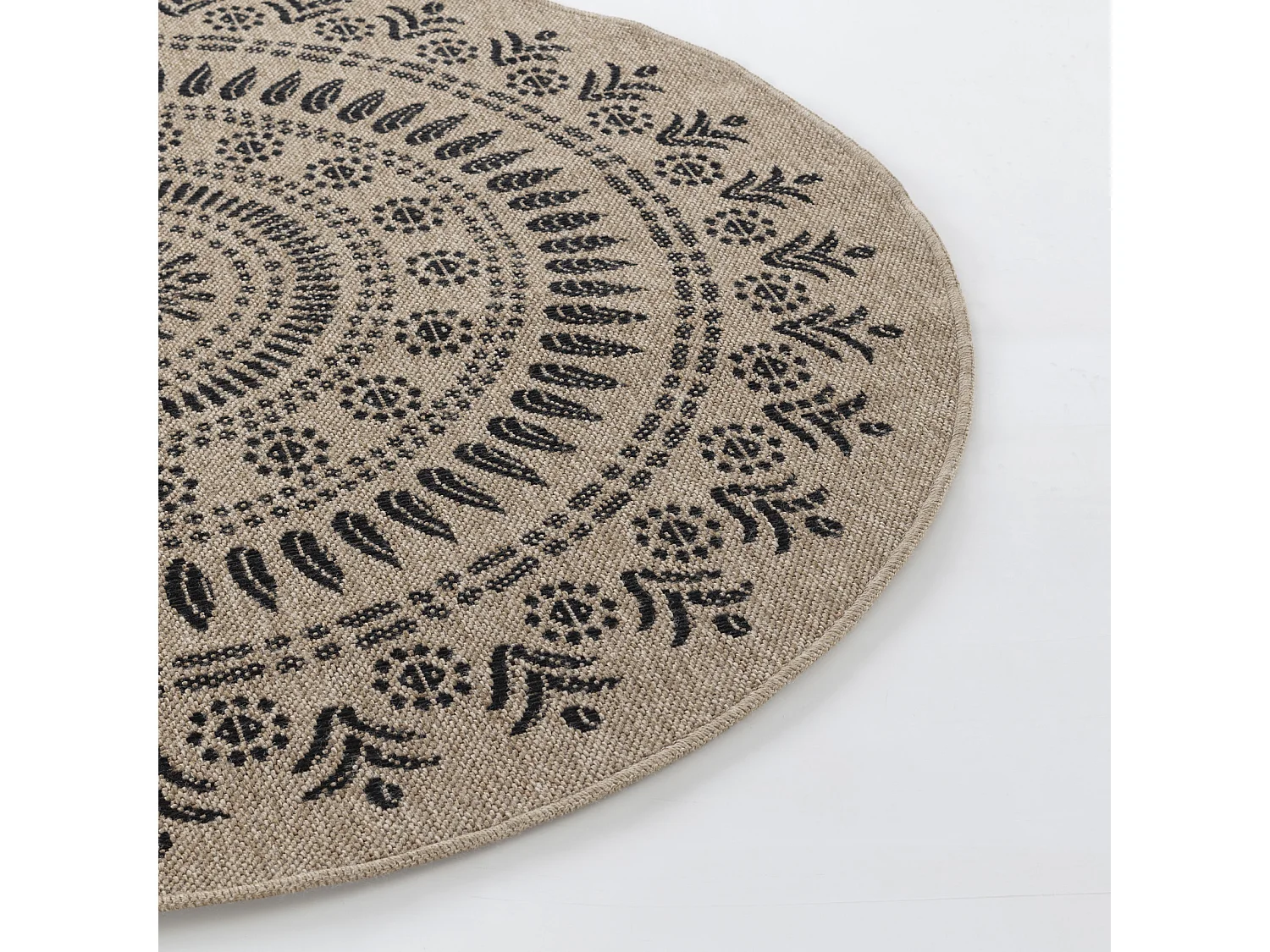 Buitenkleed - Balkon, Terras, Keuken, Rond Jute-Look Tapijt - Beige/Zwart - Ø 100cm - VERA