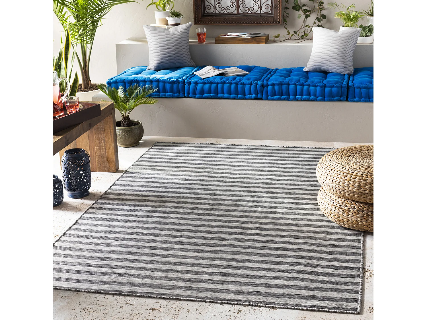 Tapis d'Extérieur/Intérieur Rayé - Gris/Ivoire - 80x150cm - ZAKI