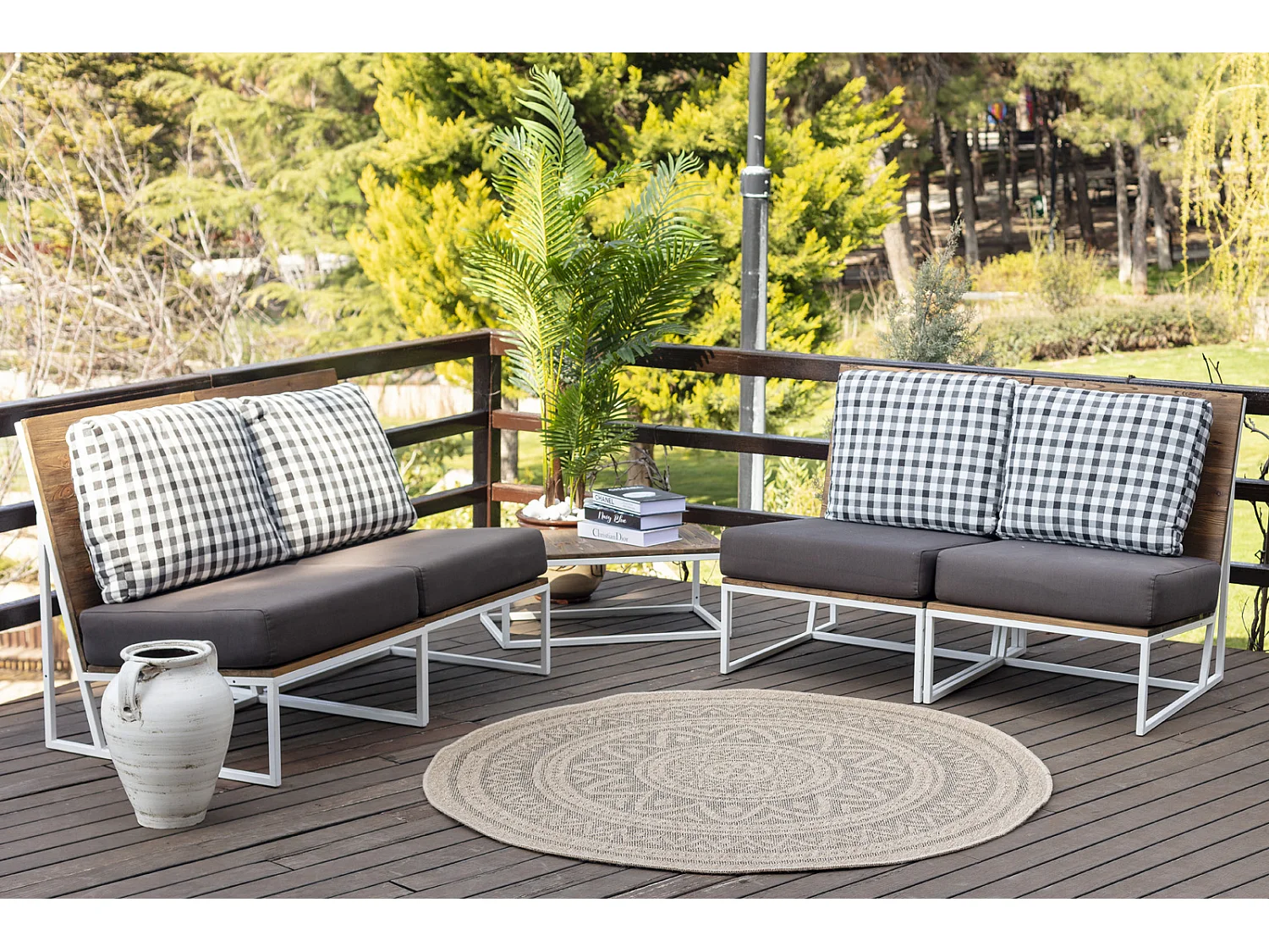 Buitenkleed - Balkon, Terras, Keuken, Rond Jute-Look Tapijt - Beige/Zwart - Ø 160cm - NOVA