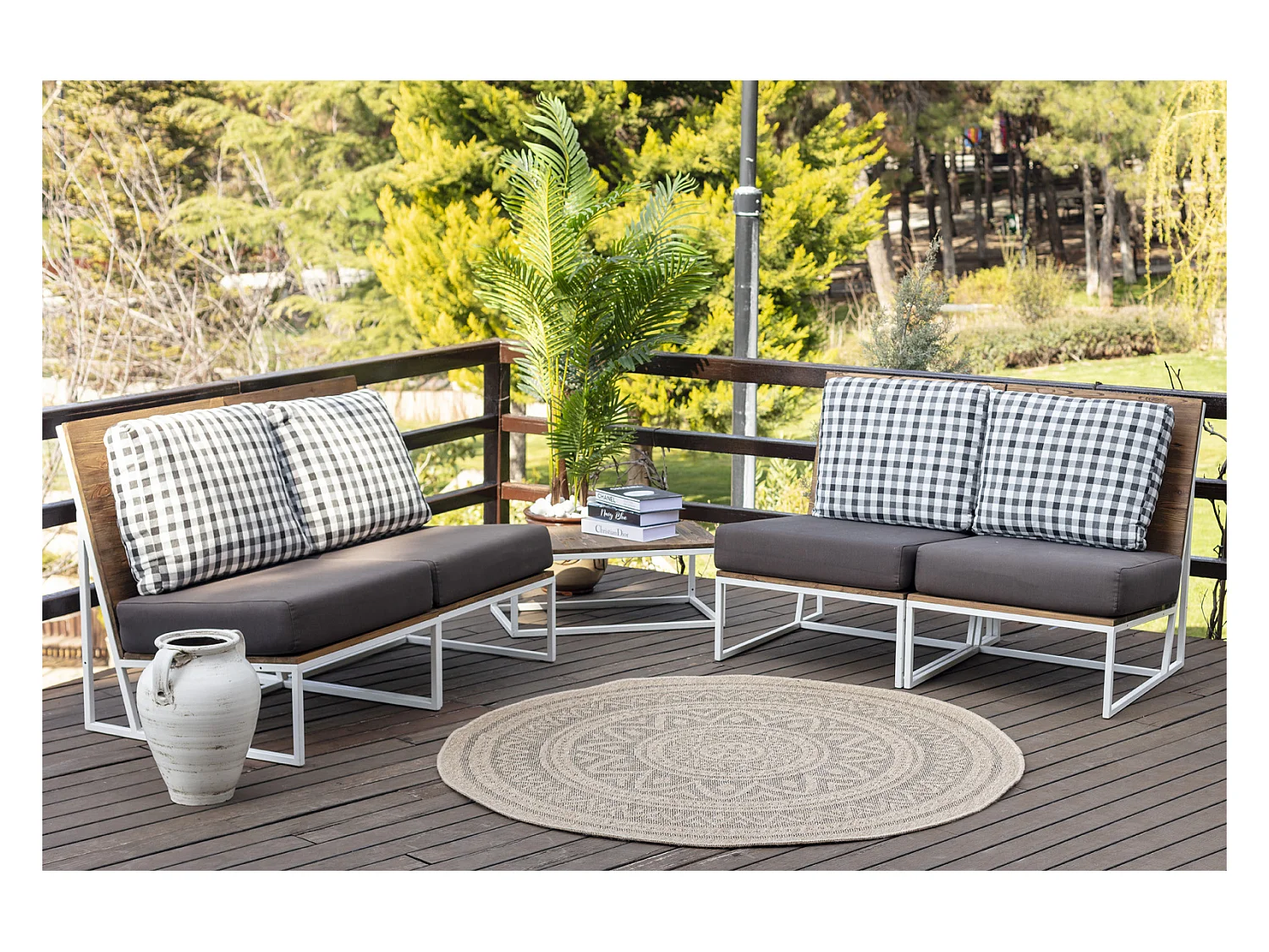 Buitenkleed - Balkon, Terras, Keuken, Rond Jute-Look Tapijt - Beige/Zwart - Ø 160cm - NOVA