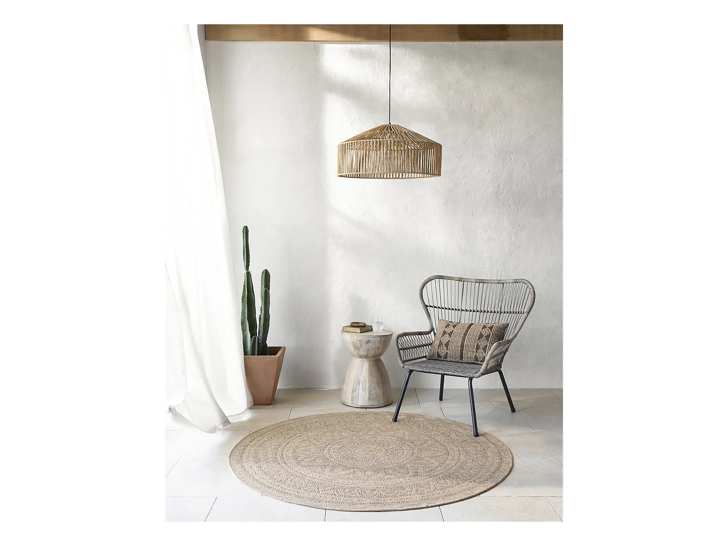 Buitenkleed - Balkon, Terras, Keuken, Rond Jute-Look Tapijt - Beige/Zwart - Ø 160cm - NOVA