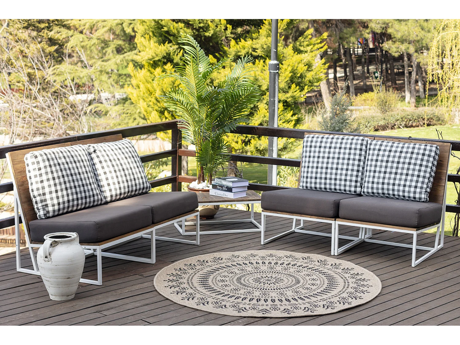 Buitenkleed - Balkon, Terras, Keuken, Rond Jute-Look Tapijt - Beige/Zwart - Ø 160cm - VERA