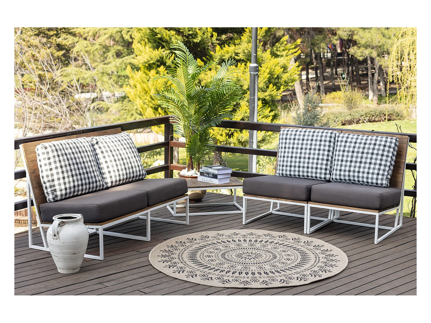 Buitenkleed - Balkon, Terras, Keuken, Rond Jute-Look Tapijt - Beige/Zwart - Ø 160cm - VERA