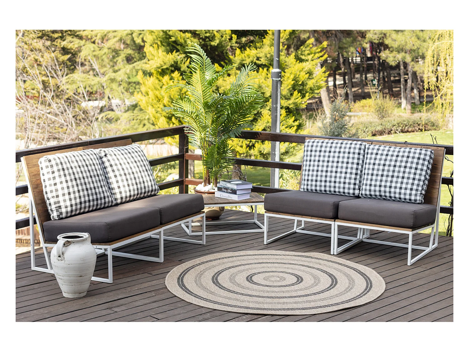 Buitenkleed - Balkon, Terras, Keuken, Rond Jute-Look Tapijt - Beige/Zwart - Ø 100cm - RHONDA