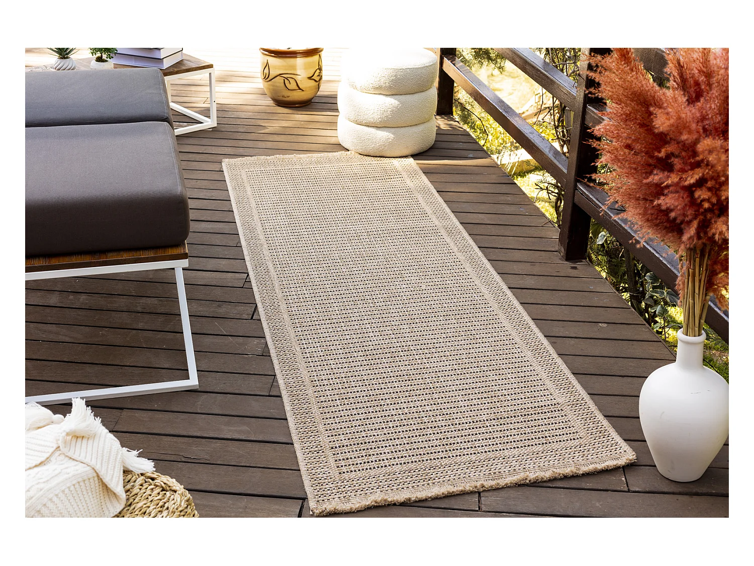 Tapis d'Extérieur/Intérieur Aspect Jute - Beige/Noir - 80x220cm - MINDY