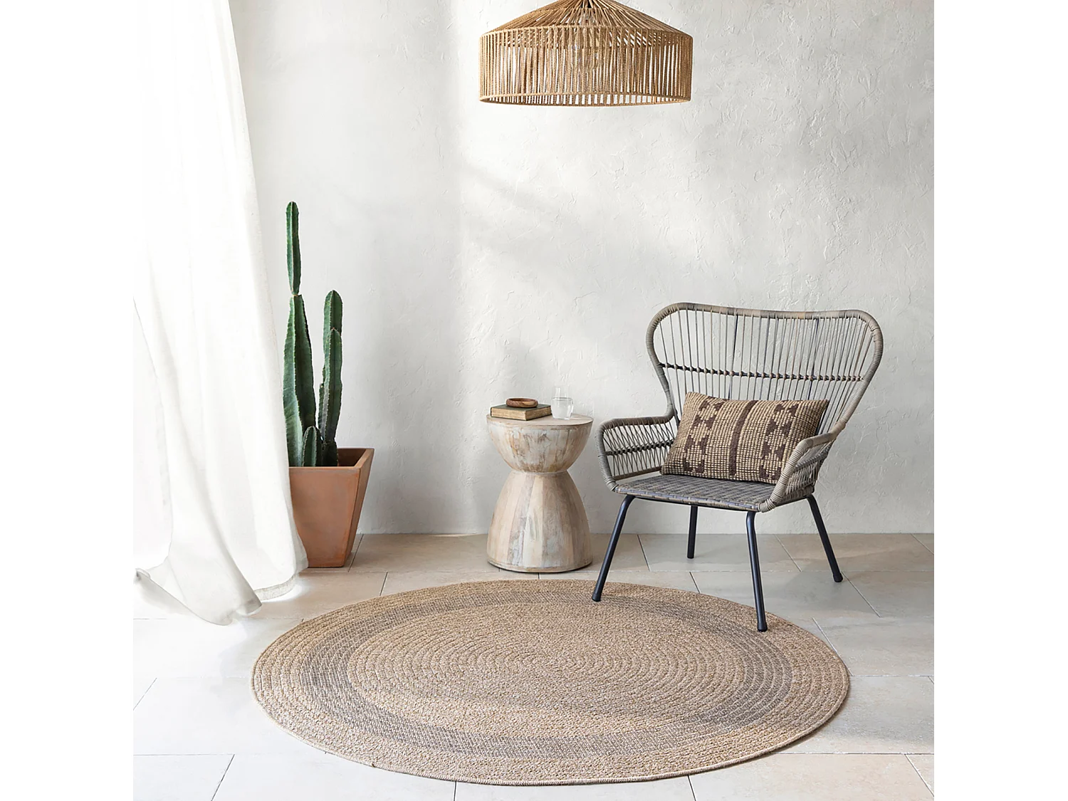 Buitenkleed - Balkon, Terras, Keuken, Rond Jute-Look Tapijt - Beige/Zwart - Ø 100cm - RHONDA