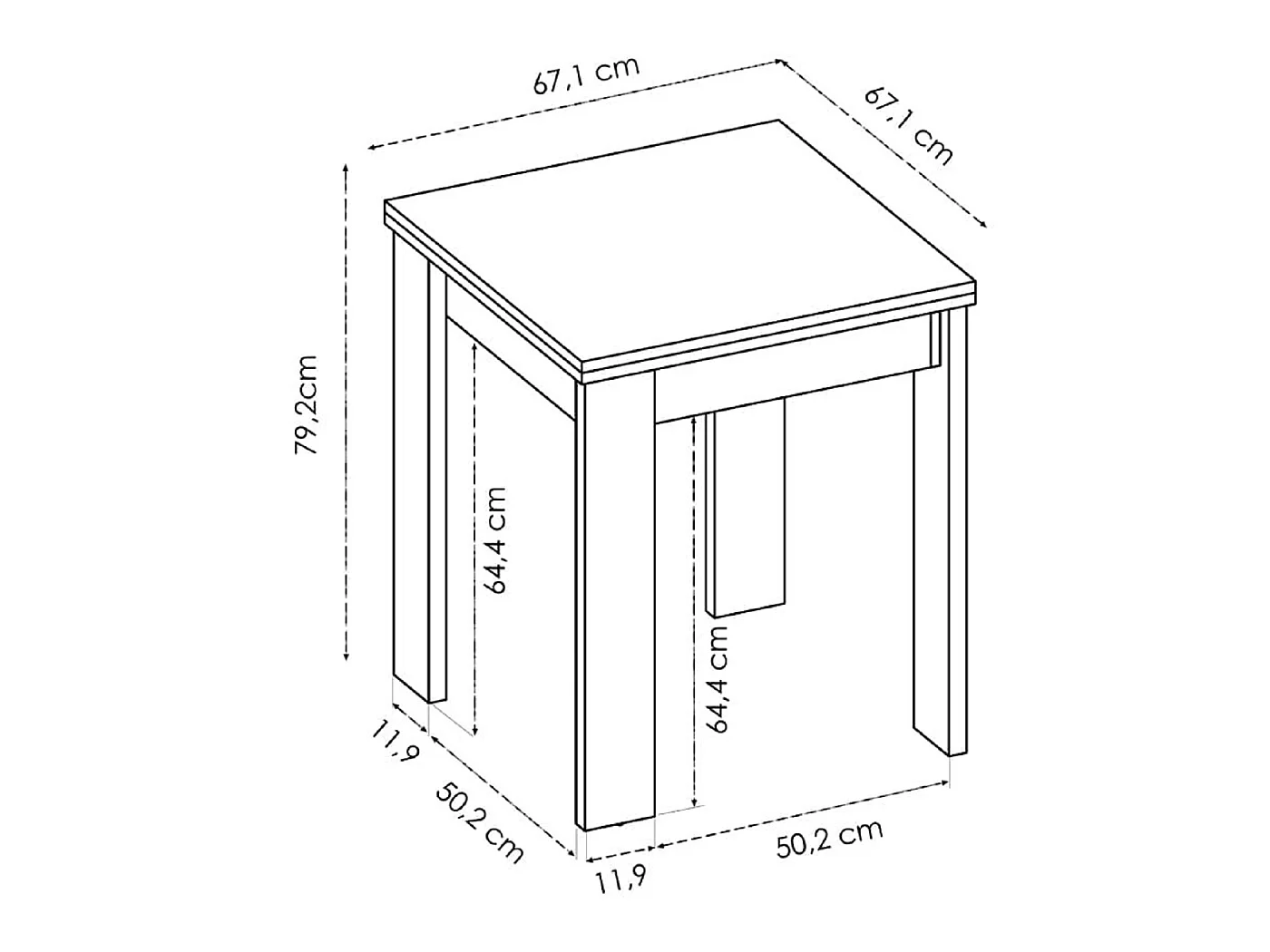 Table extensible en panneaux de particules mélaminés coloris chêne - Longueur 67.1-134.2 x Profondeur 67.1 x Hauteur 77.3-79.2 cm