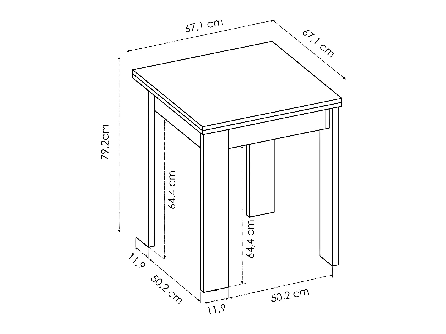 Table extensible en panneaux de particules mélaminés coloris blanc-Longueur 67.1-134.2 x Profondeur 67.1 x Hauteur 77.3-79.2 cm