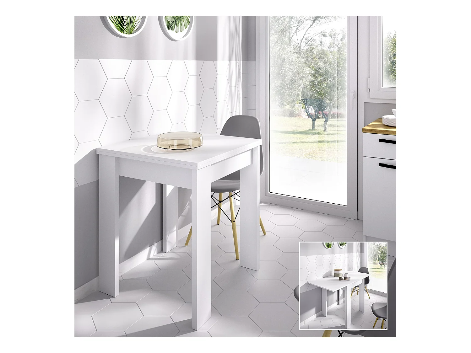 Table extensible en panneaux de particules mélaminés coloris blanc-Longueur 67.1-134.2 x Profondeur 67.1 x Hauteur 77.3-79.2 cm