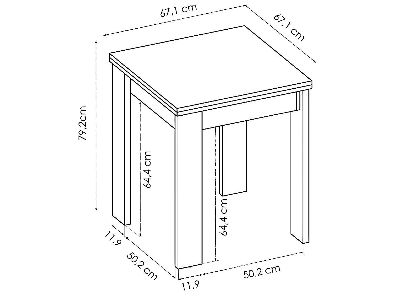 Table extensible en panneaux de particules mélaminés coloris blanc-Longueur 67.1-134.2 x Profondeur 67.1 x Hauteur 77.3-79.2 cm
