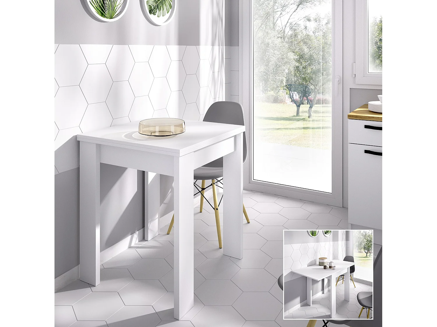 Table extensible en panneaux de particules mélaminés coloris blanc-Longueur 67.1-134.2 x Profondeur 67.1 x Hauteur 77.3-79.2 cm
