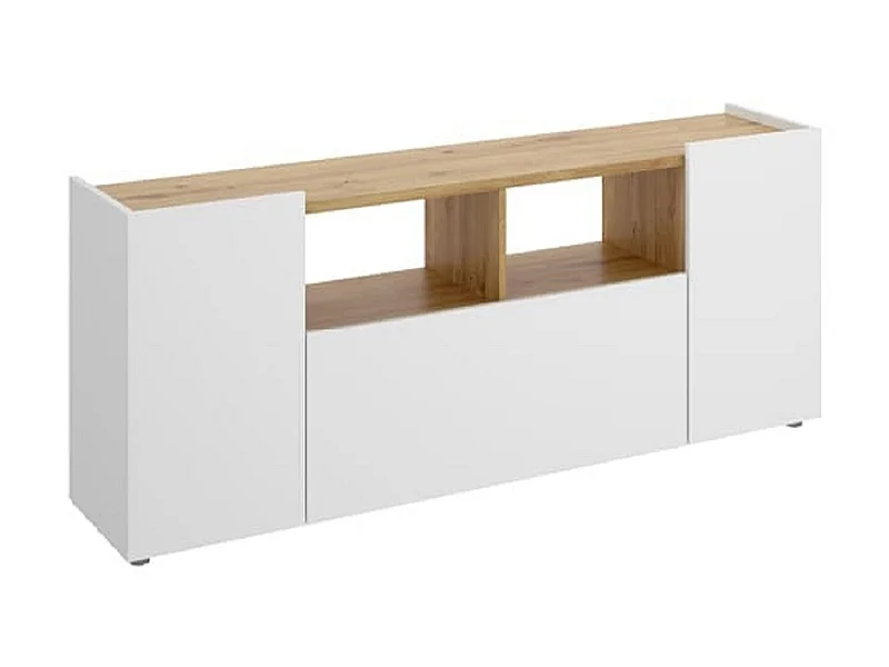 Meuble TV en panneaux de particules mélaminés coloris chêne/blanc - Longueur 141.7 x Profondeur 34.7 x Hauteur 43.8 cm