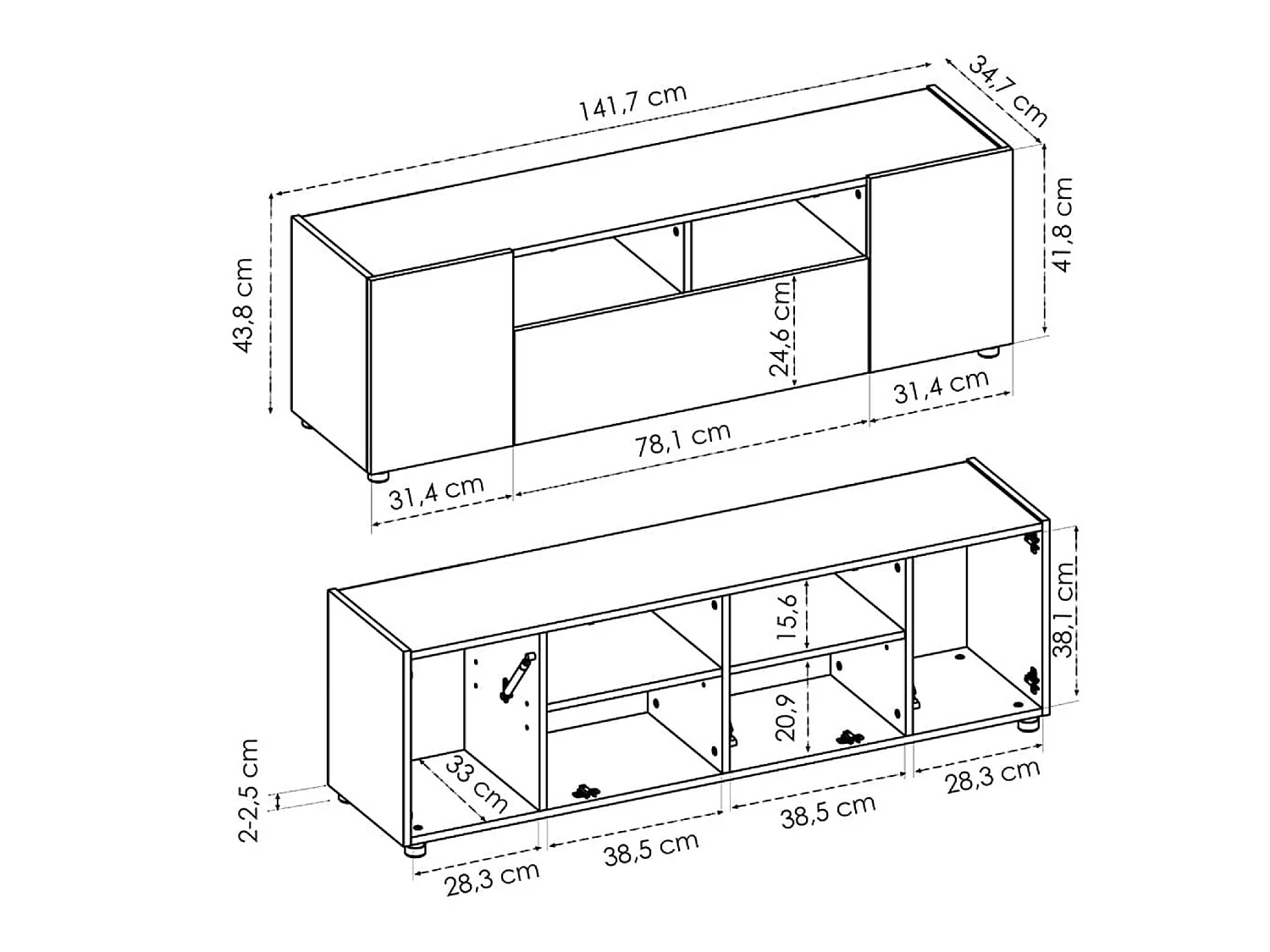 Meuble TV en panneaux de particules mélaminés coloris chêne/blanc - Longueur 141.7 x Profondeur 34.7 x Hauteur 43.8 cm