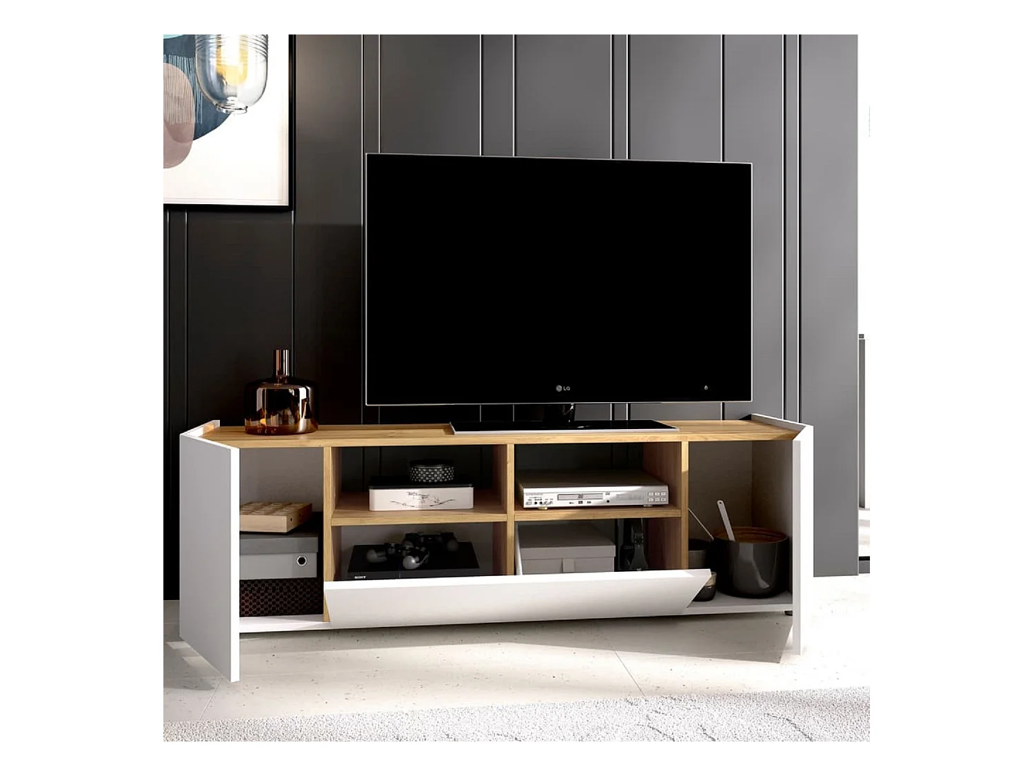 Meuble TV en panneaux de particules mélaminés coloris chêne/blanc - Longueur 141.7 x Profondeur 34.7 x Hauteur 43.8 cm