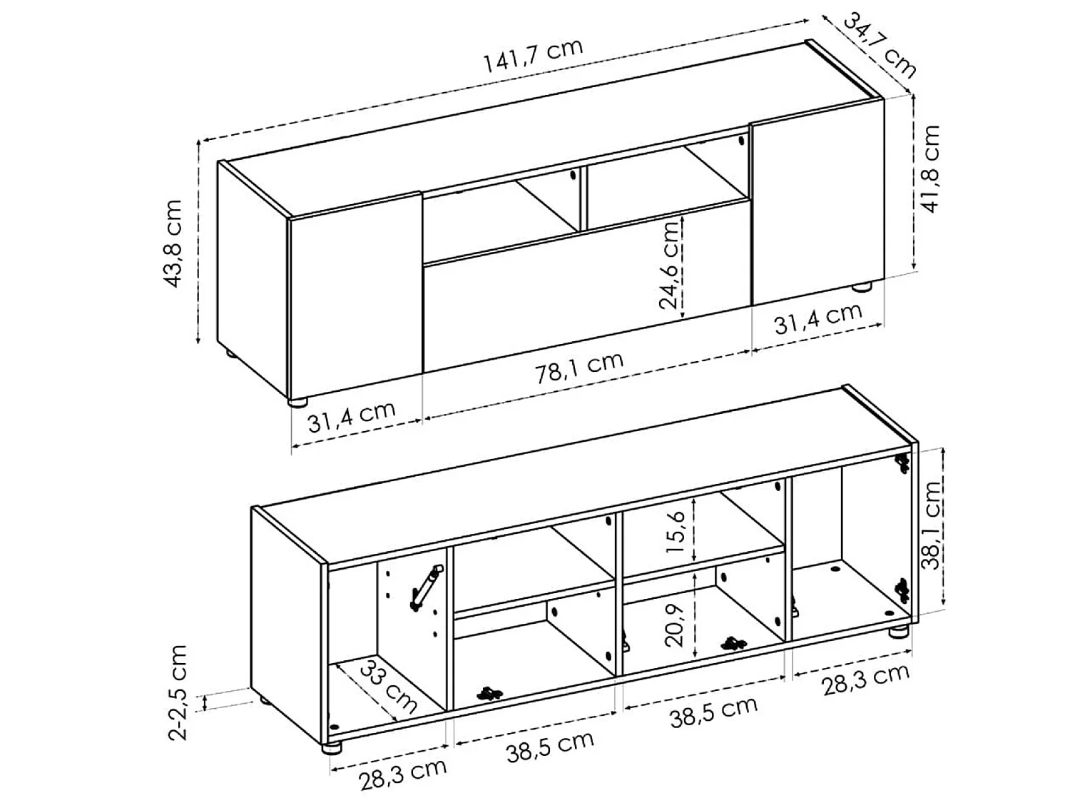 Meuble TV en panneaux de particules mélaminés coloris chêne/blanc - Longueur 141.7 x Profondeur 34.7 x Hauteur 43.8 cm