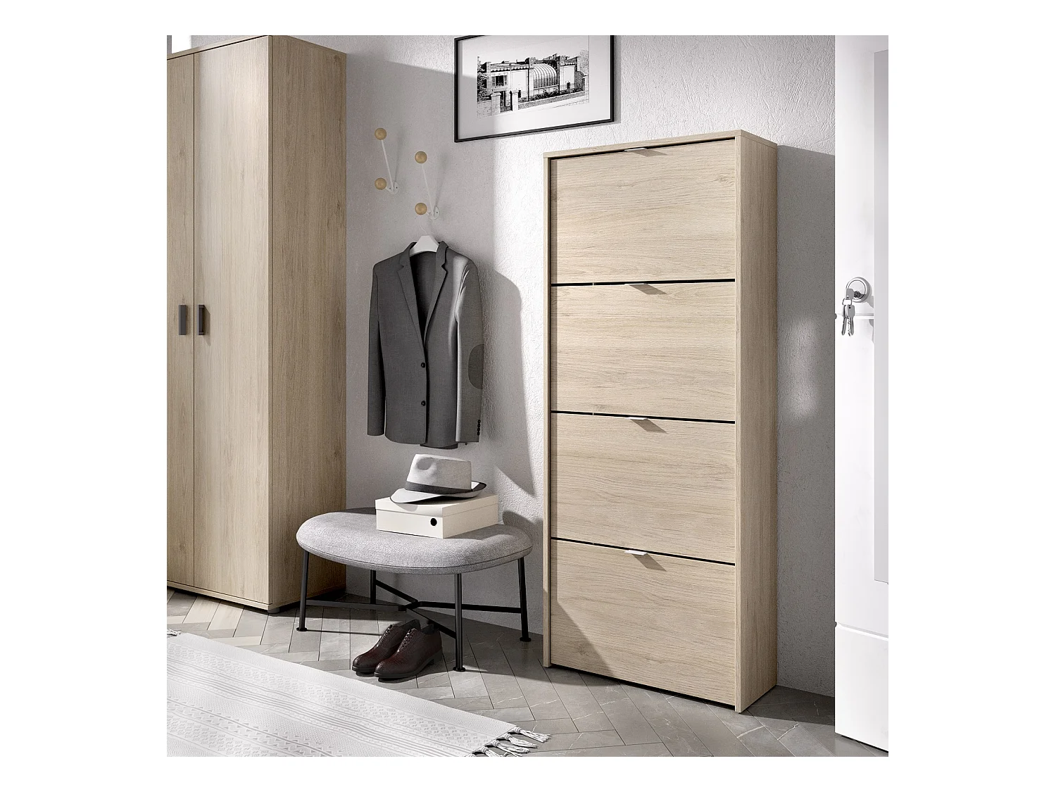 Meuble à chaussures en panneaux de particules mélaminés coloris chêne naturel - Longueur 60.9 x Profondeur 25.2 x Hauteur 149 cm