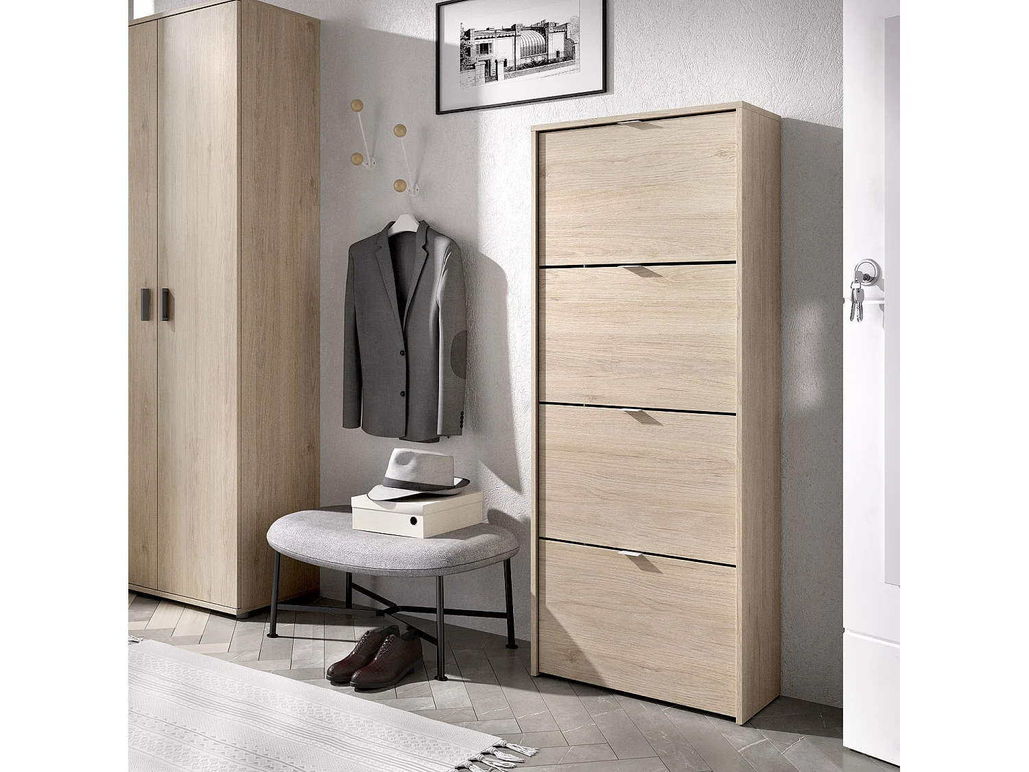 Meuble à chaussures en panneaux de particules mélaminés coloris chêne naturel - Longueur 60.9 x Profondeur 25.2 x Hauteur 149 cm