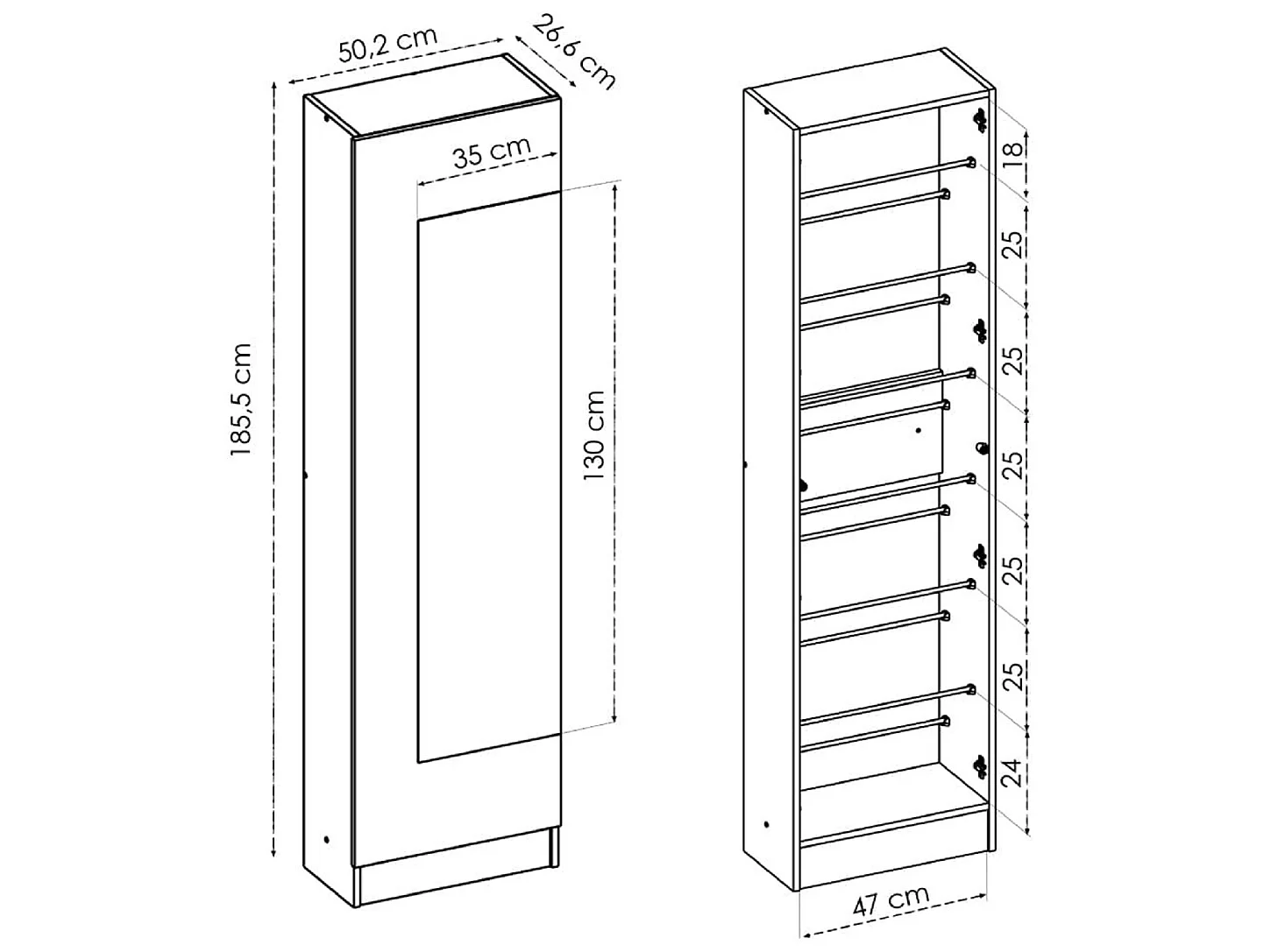 Meuble à chaussures en panneaux de particules mélaminés coloris chêne naturel-Longueur 50.2 x Profondeur 26.6 x Hauteur 185.5 cm