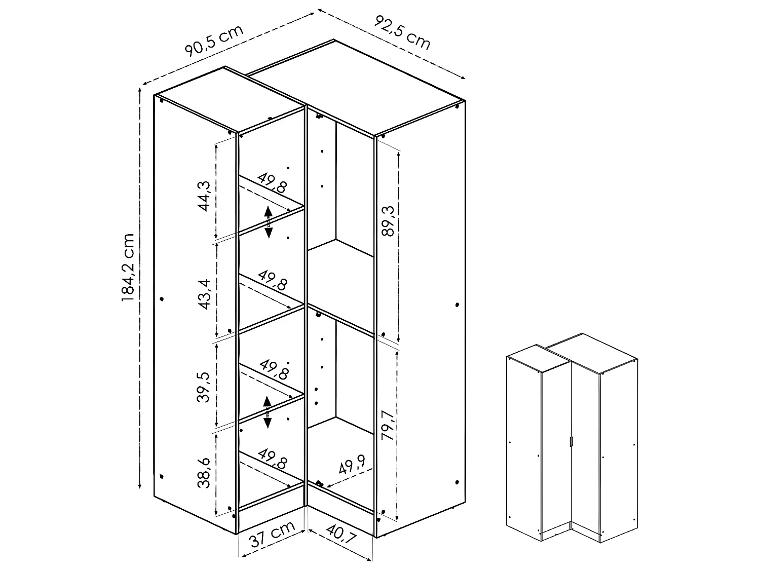 Armoire dressing d'angle en panneaux de particules mélaminés coloris chêne - Longueur 90.5 x Profondeur 92.5 x Hauteur 184.2 cm