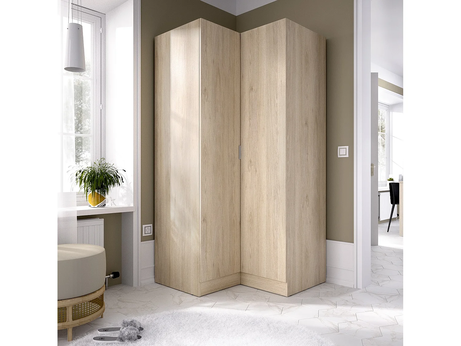 Armoire dressing d'angle en panneaux de particules mélaminés coloris chêne - Longueur 90.5 x Profondeur 92.5 x Hauteur 184.2 cm