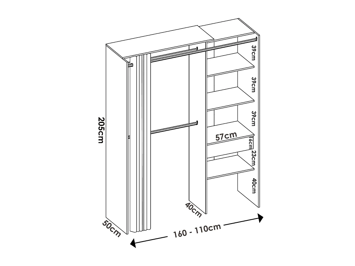 Armoire dressing extensible en panneau de particules coloris chêne naturel - Longueur 110-160 x Profondeur 50 x Hauteur 205 cm