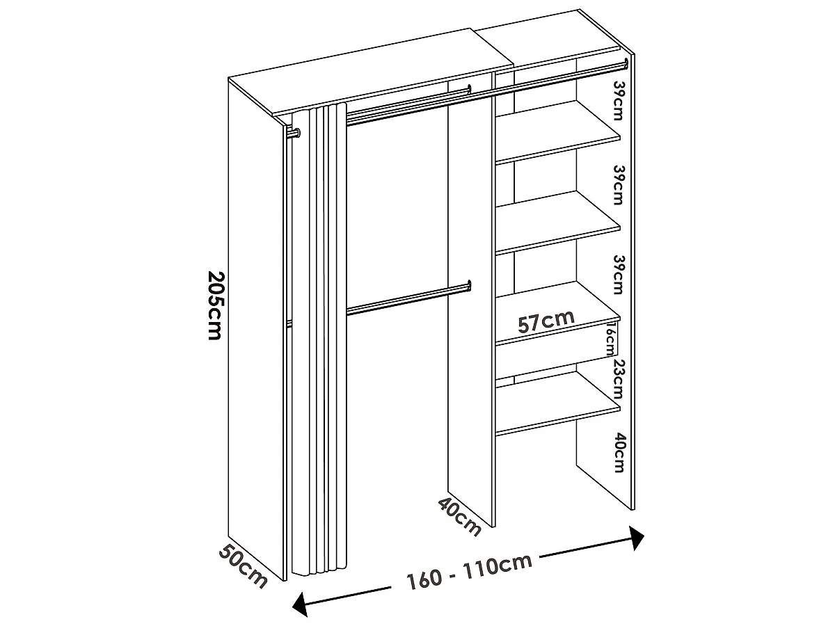 Armoire dressing extensible en panneau de particules coloris chêne naturel - Longueur 110-160 x Profondeur 50 x Hauteur 205 cm