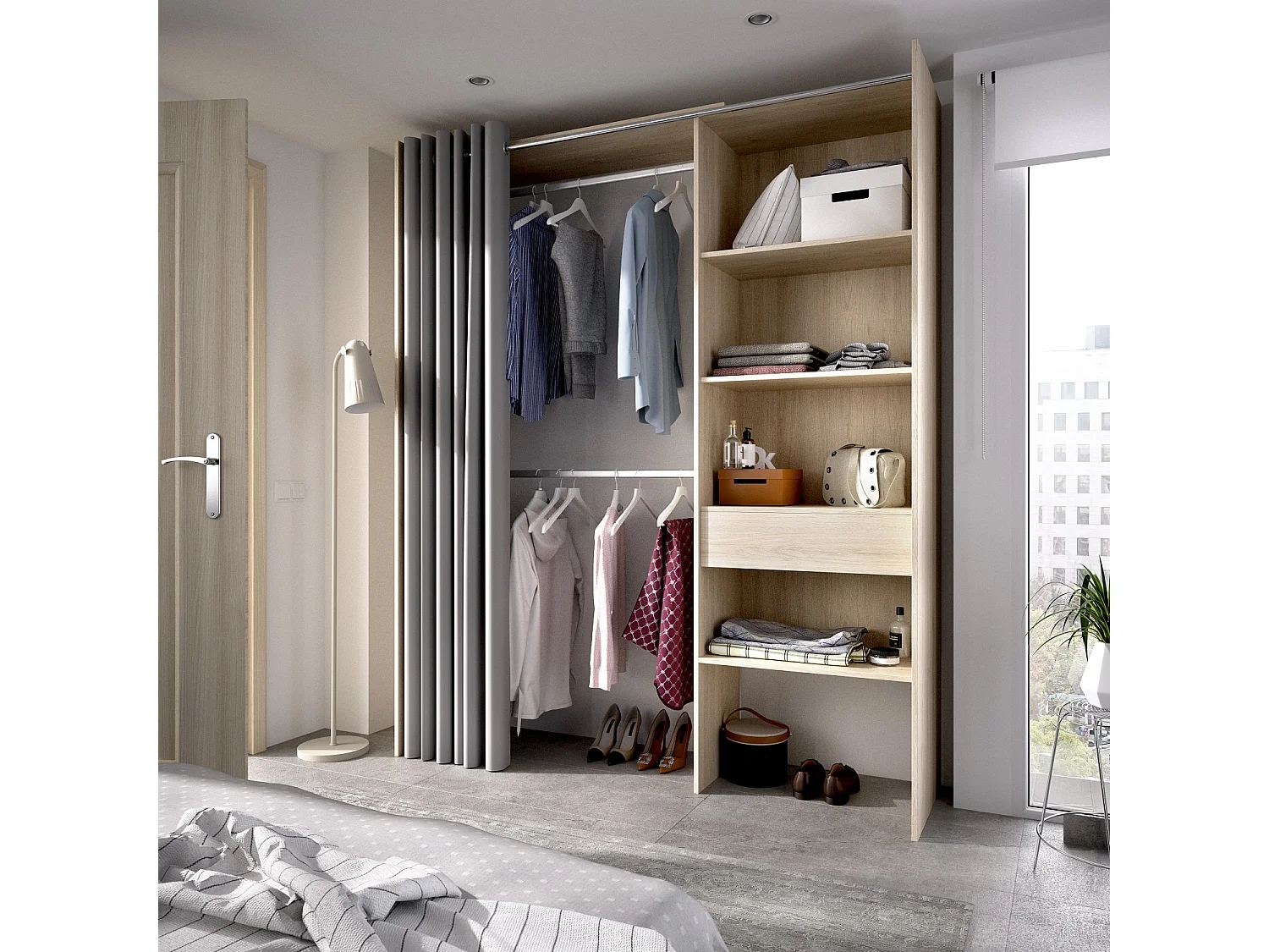 Armoire dressing extensible en panneau de particules coloris chêne naturel - Longueur 110-160 x Profondeur 50 x Hauteur 205 cm