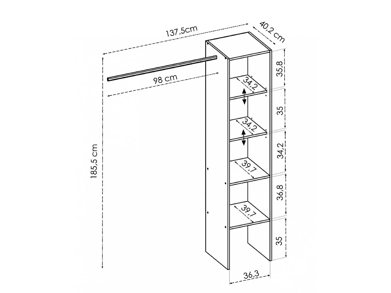Colonne dressing en panneaux de particules mélaminés coloris blanc - Longueur 137.5 x Profondeur 40.2 x Hauteur 185.5 cm