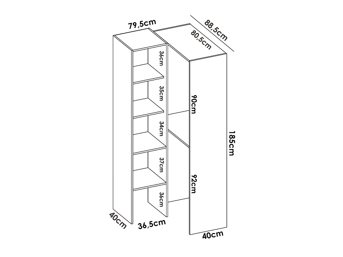 Armoire dressing d'angle en panneaux de particules mélaminés - Longueur 79.5 x Profondeur 88.5 x Hauteur 185 cm